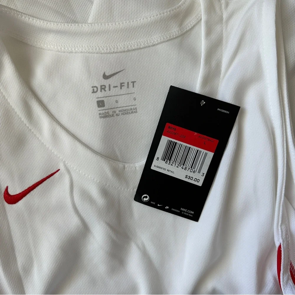 Nike White Red Boy’s Sleeveless Basketball Jersey Tank Top NWT Size L